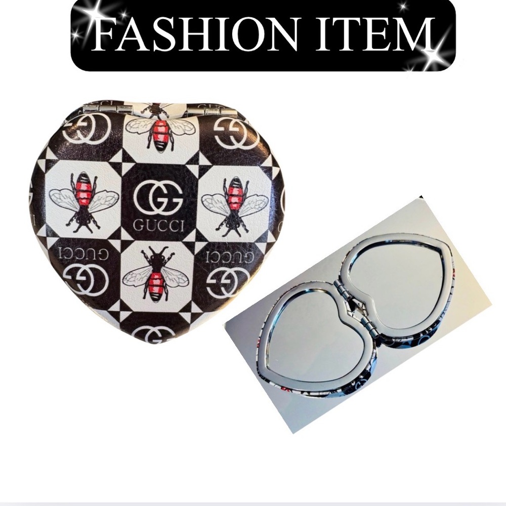 COMPACT MIRROR: Heart-Shaped Black, White, & Red w/Bee Design, NWOT
